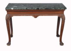 A George II mahogany console table  , circa 1740, the serpentine marble top above a plain frieze