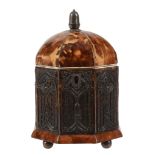 A late George III or Regency tortoiseshell veneered and ivory banded tea caddy,   circa 1810, of