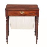 A Regency mahogany work table,   circa 1815, the hinged rectangular top with moulded edge opening