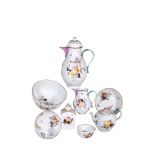 A Meissen part tea and coffee service,   circa 1770, painted with scattered fruit and insects,