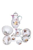 A Meissen part tea and coffee service,   circa 1770, painted with scattered fruit and insects,