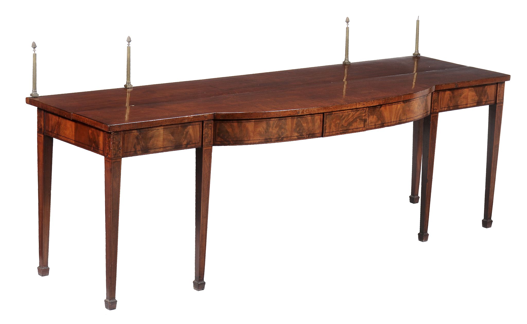 A George III mahogany serving table,   circa 1790 , the brass uprights with stylised pineapple