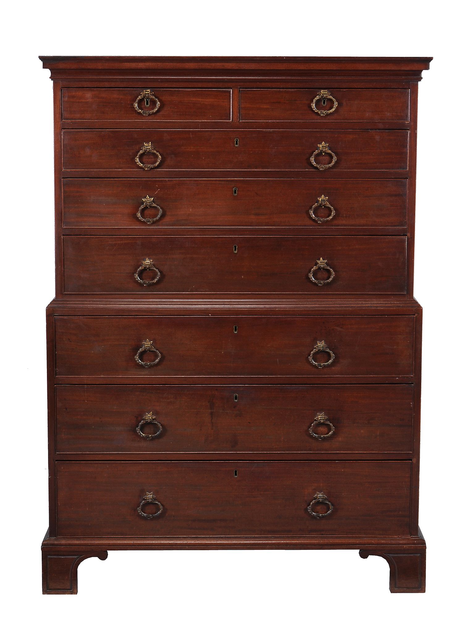 A George III mahogany chest on chest,   circa 1780, the moulded cornice above a chest with two