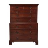 A George III mahogany chest on chest,   circa 1780, the moulded cornice above a chest with two