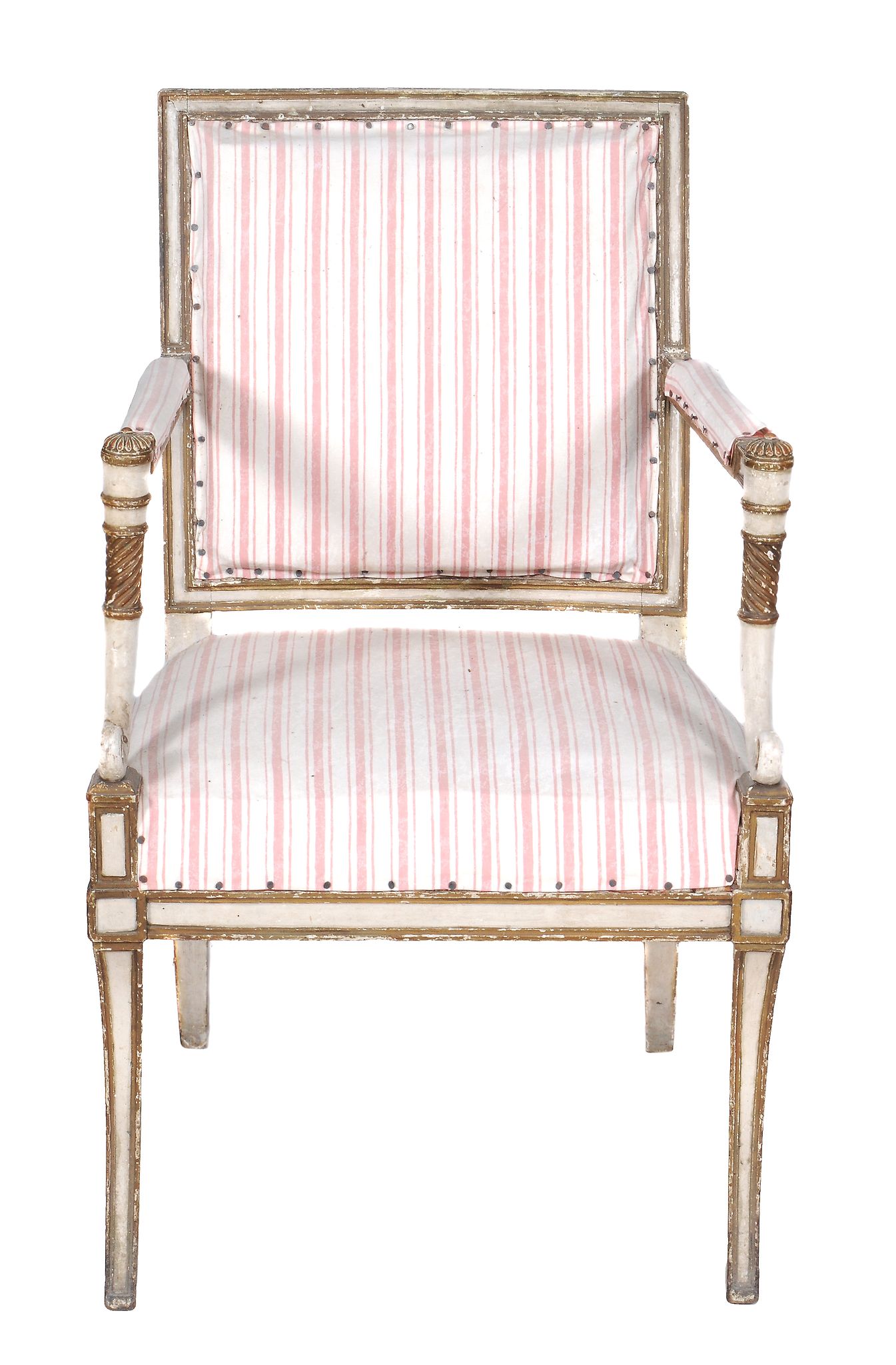 A George III cream painted and parcel gilt armchair,   circa 1800, the moulded rectangular padded - Image 4 of 4