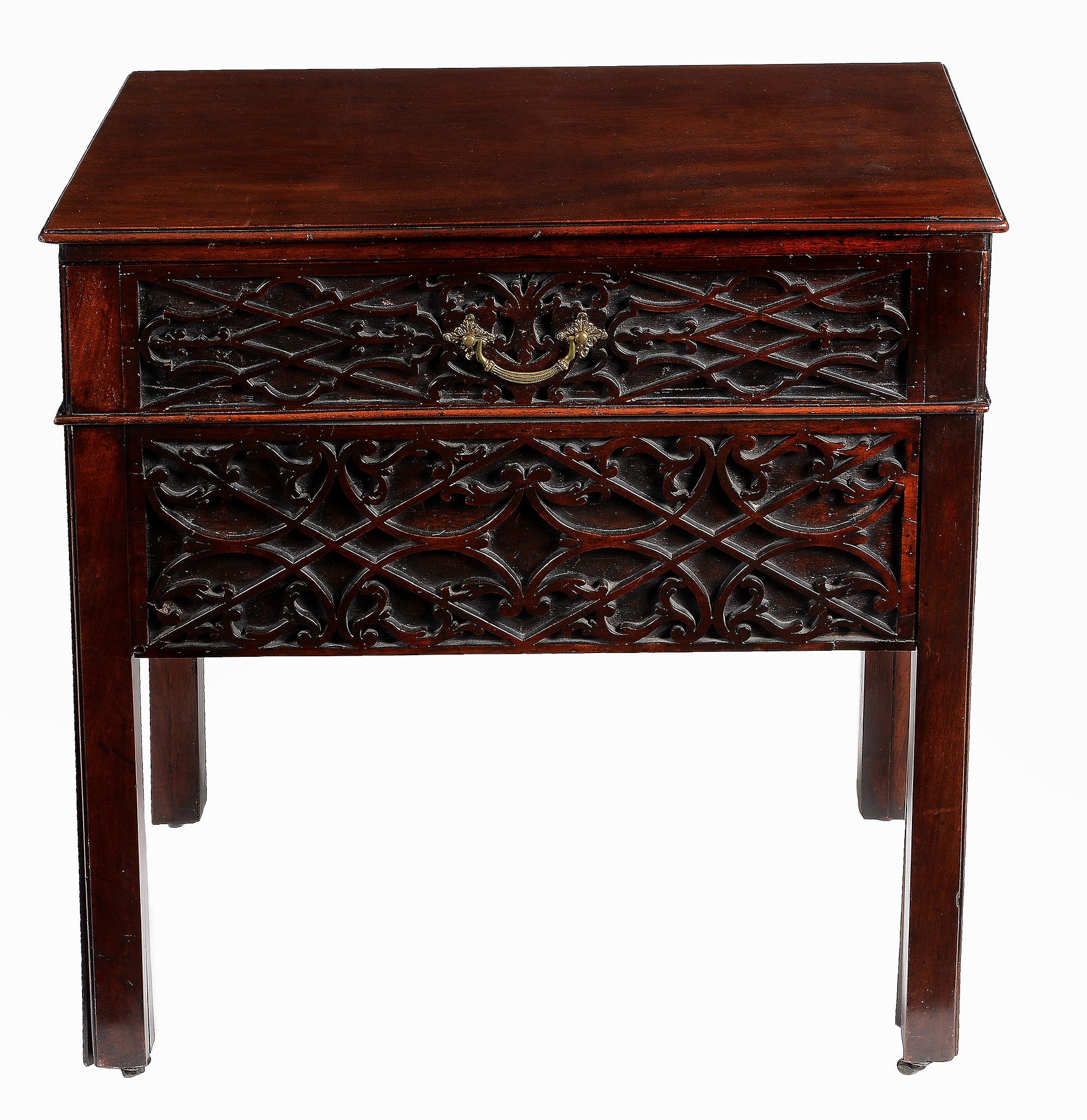 A George III mahogany writing table,   circa 1780, the rectangular moulded top with hinged rear