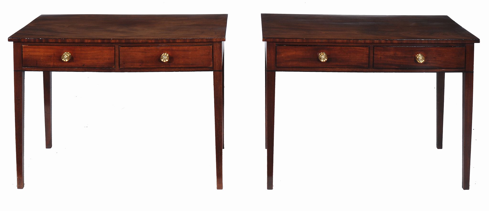 A pair of George III mahogany side tables,   circa 1800,  each rectangular top with ebony