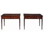 A pair of George III mahogany side tables,   circa 1800,  each rectangular top with ebony