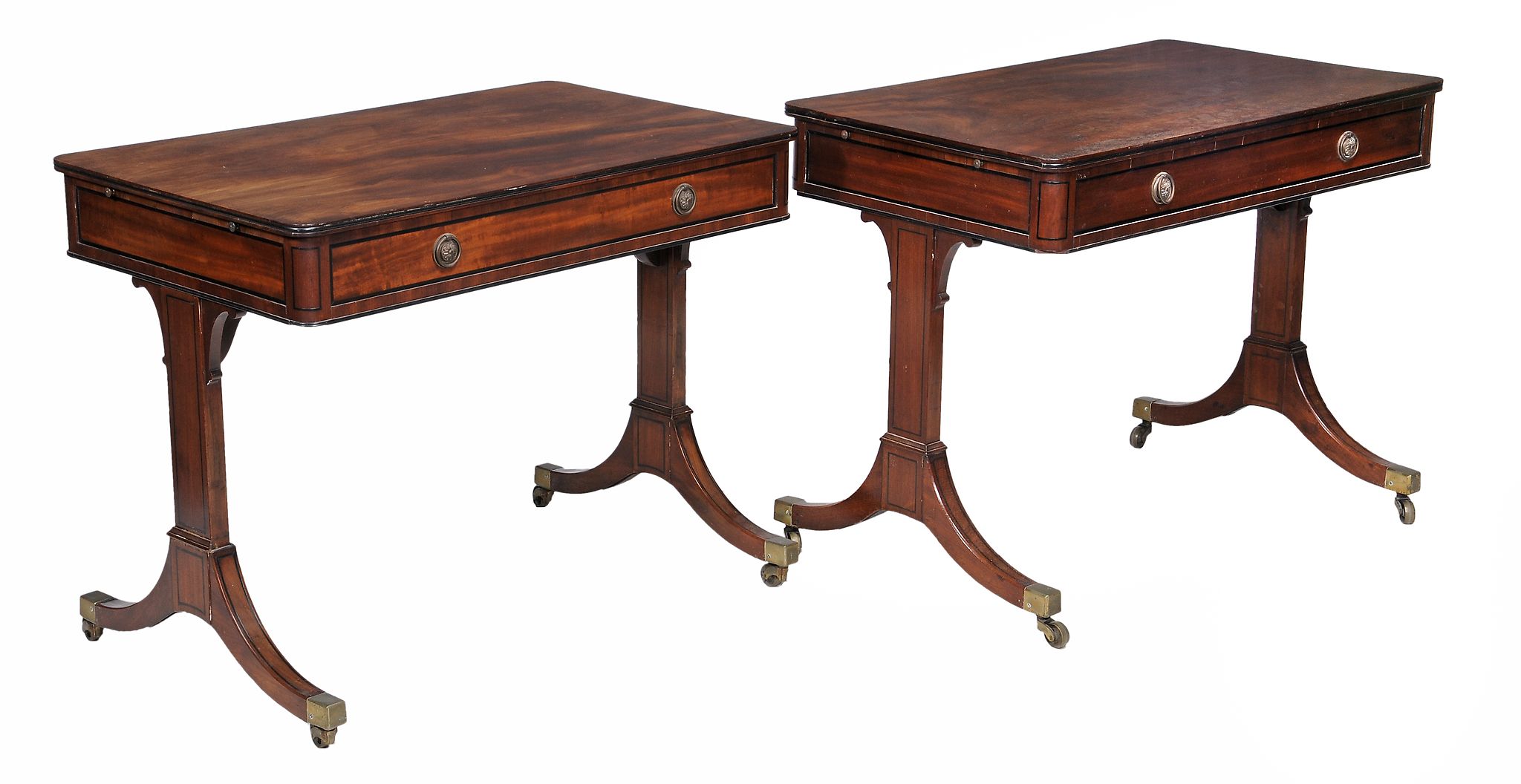 A matched pair of Regency mahogany and ebony strung library tables  , circa 1815, in the manner of - Image 3 of 3