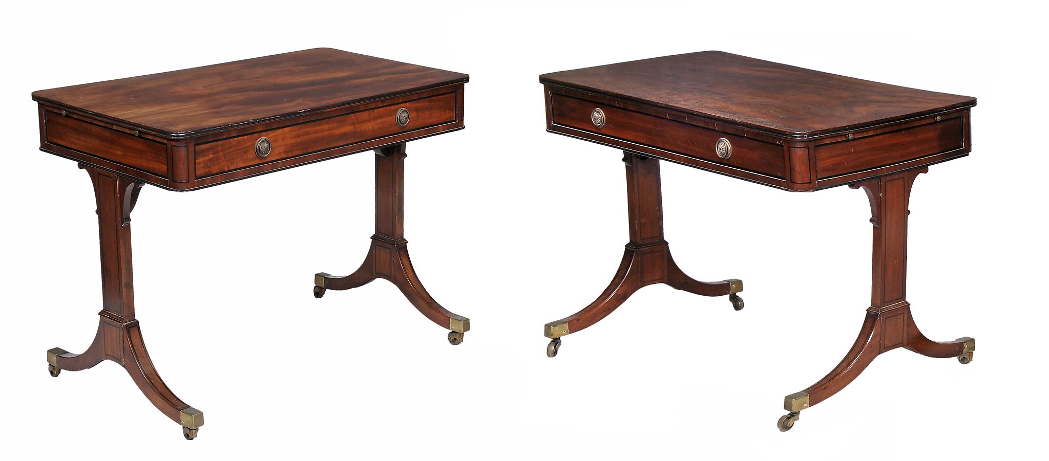 A matched pair of Regency mahogany and ebony strung library tables  , circa 1815, in the manner of - Image 2 of 3