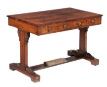 A Regency rosewood library table  ,  circa 1815, the rectangular crossbanded top above a pair  of