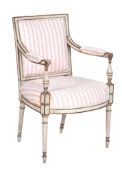 A George III cream painted and parcel gilt armchair,   circa 1810, in the manner of Henry Holland,
