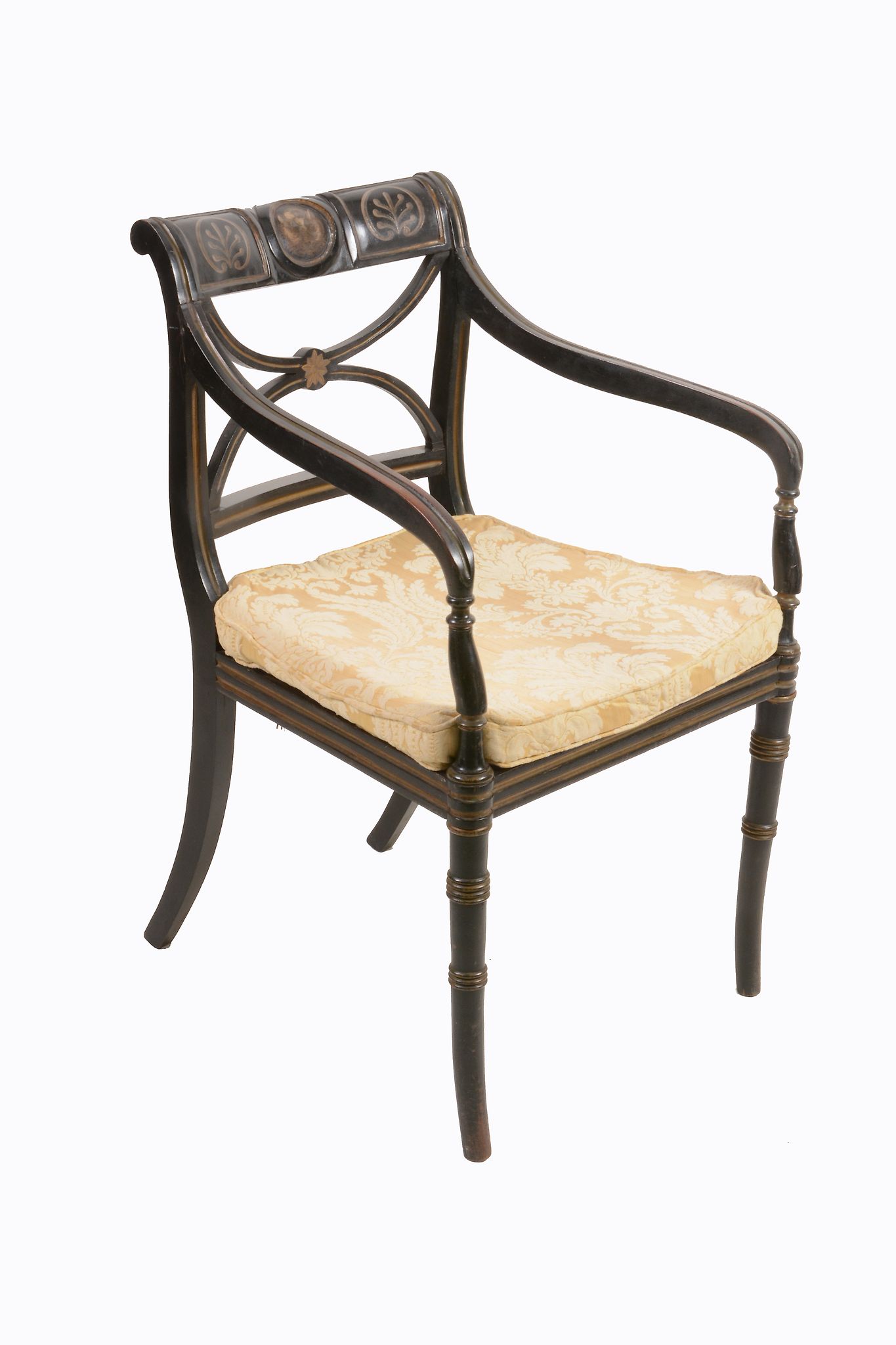 A George III ebonised and painted armchair, circa 1800, the shaped rectangular back with dresting - Image 5 of 5