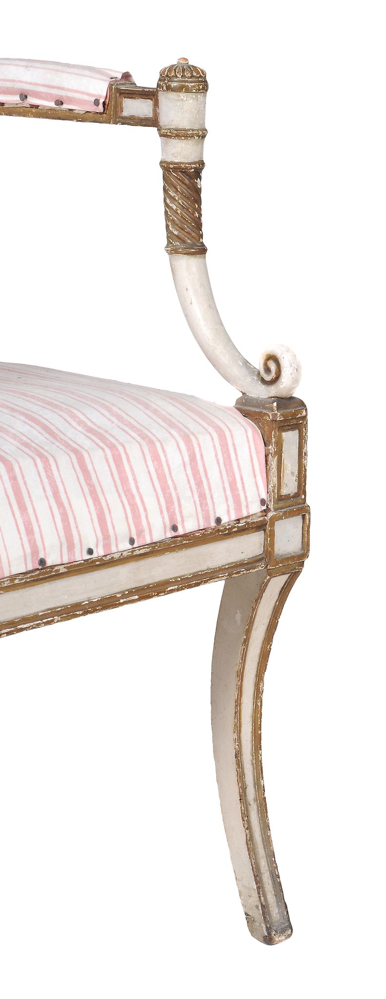 A George III cream painted and parcel gilt armchair,   circa 1800, the moulded rectangular padded - Image 2 of 4