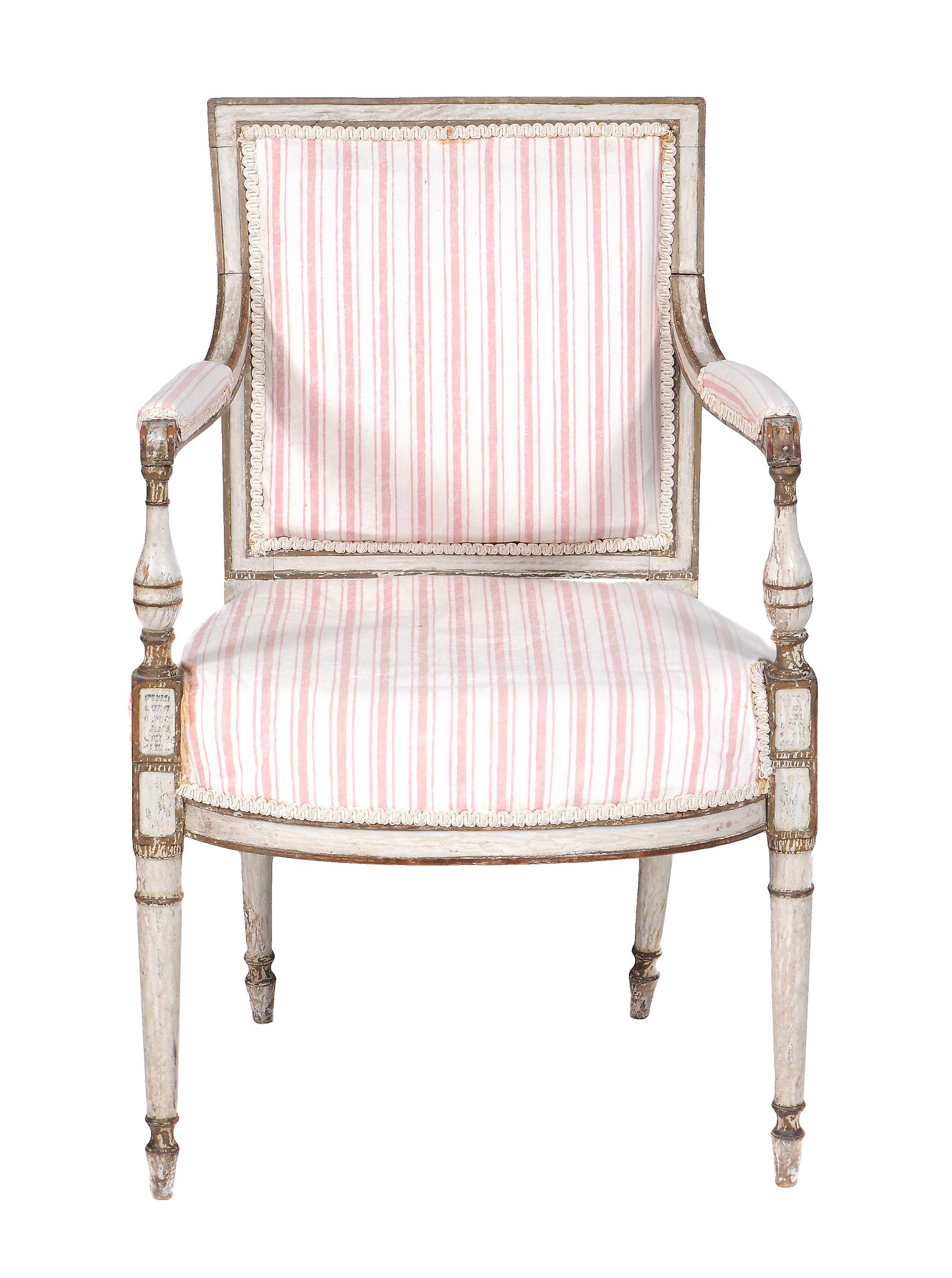 A George III cream painted and parcel gilt armchair,   circa 1810, in the manner of Henry Holland, - Image 3 of 3