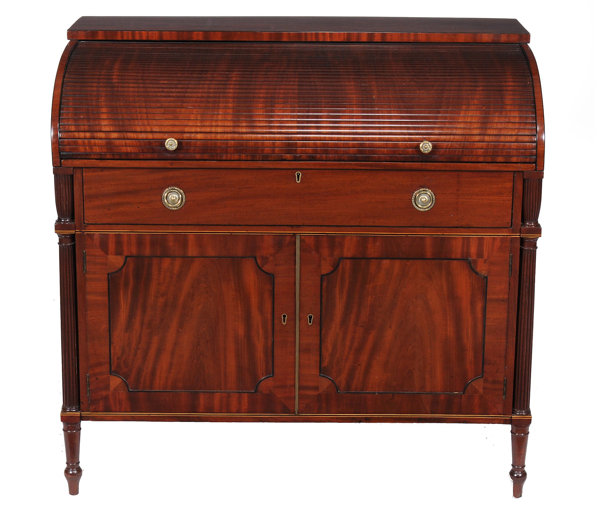 A George III mahogany tambour desk  , circa 1790, the tambour fall opening to a pair of tambour - Image 6 of 6