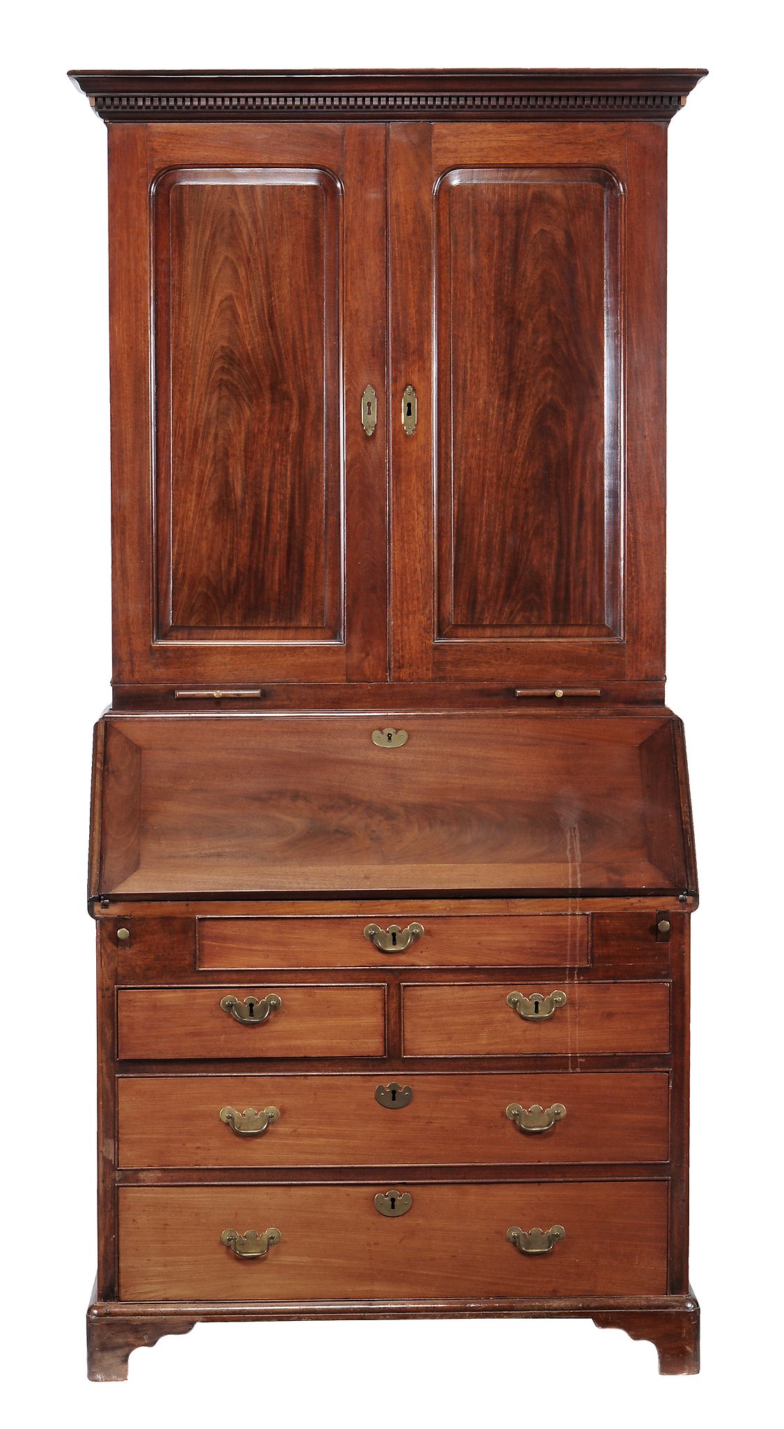 A George II mahogany bureau bookcase,   circa 1750, the moulded cornice with dentil frieze above a