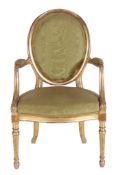 A George III giltwood open armchair  , circa 1770, in the manner of  John Linnell, the moulded oval
