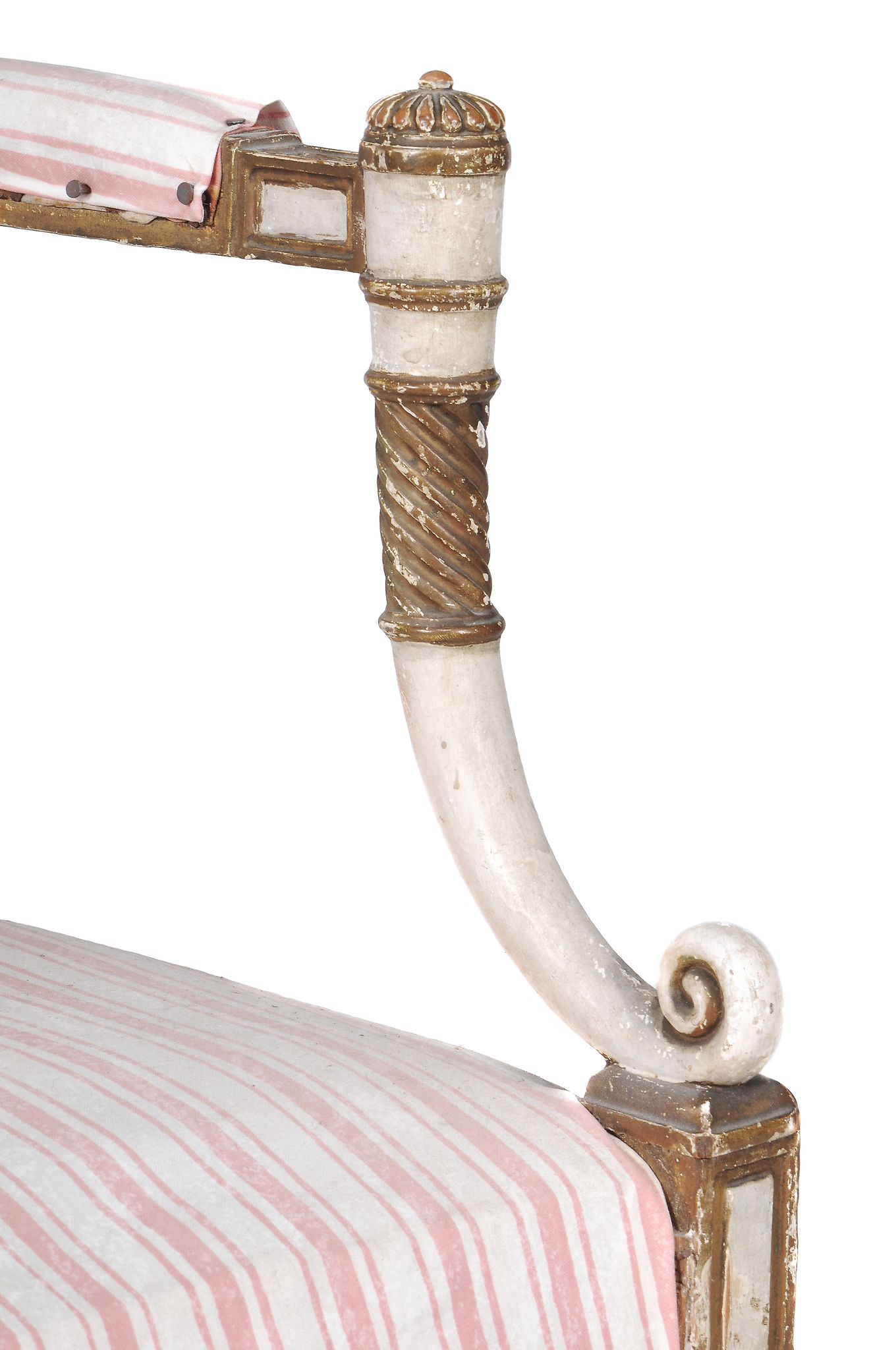 A George III cream painted and parcel gilt armchair,   circa 1800, the moulded rectangular padded - Image 3 of 4