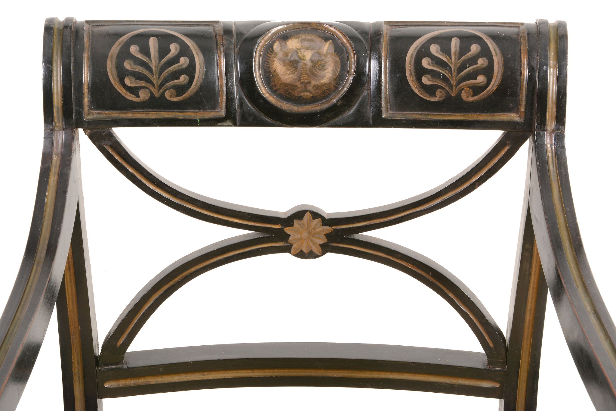 A George III ebonised and painted armchair, circa 1800, the shaped rectangular back with dresting - Image 3 of 5