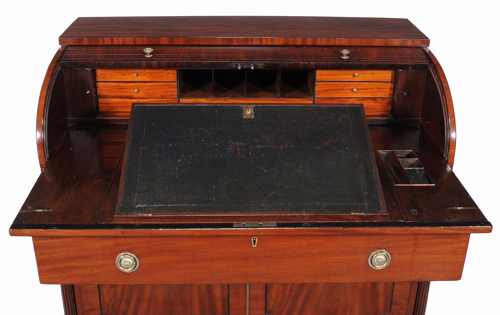 A George III mahogany tambour desk  , circa 1790, the tambour fall opening to a pair of tambour - Image 3 of 6