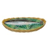 A George Jones majolica mackerel oval fish tureen and cover,   circa 1871,  with ochre ozier-