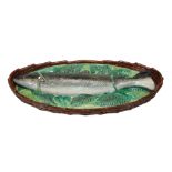 A George Jones majolica salmon oval fish tureen and cover,   circa 1871,  with brown ozier-moulded