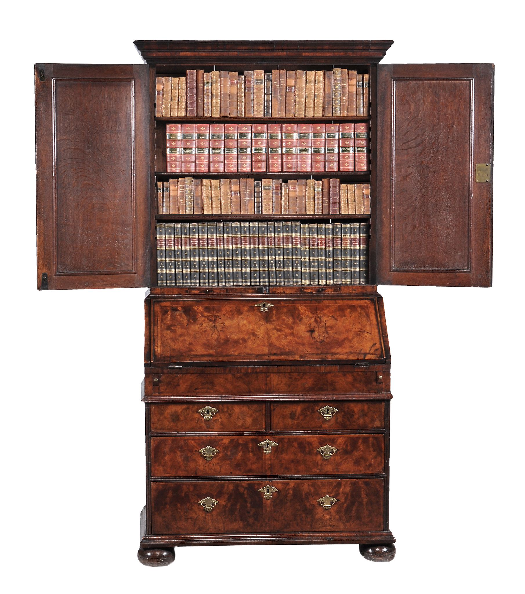 A George II walnut bureau bookcase  , circa 1735, the moulded cornice above a pair of bevelled - Image 3 of 5