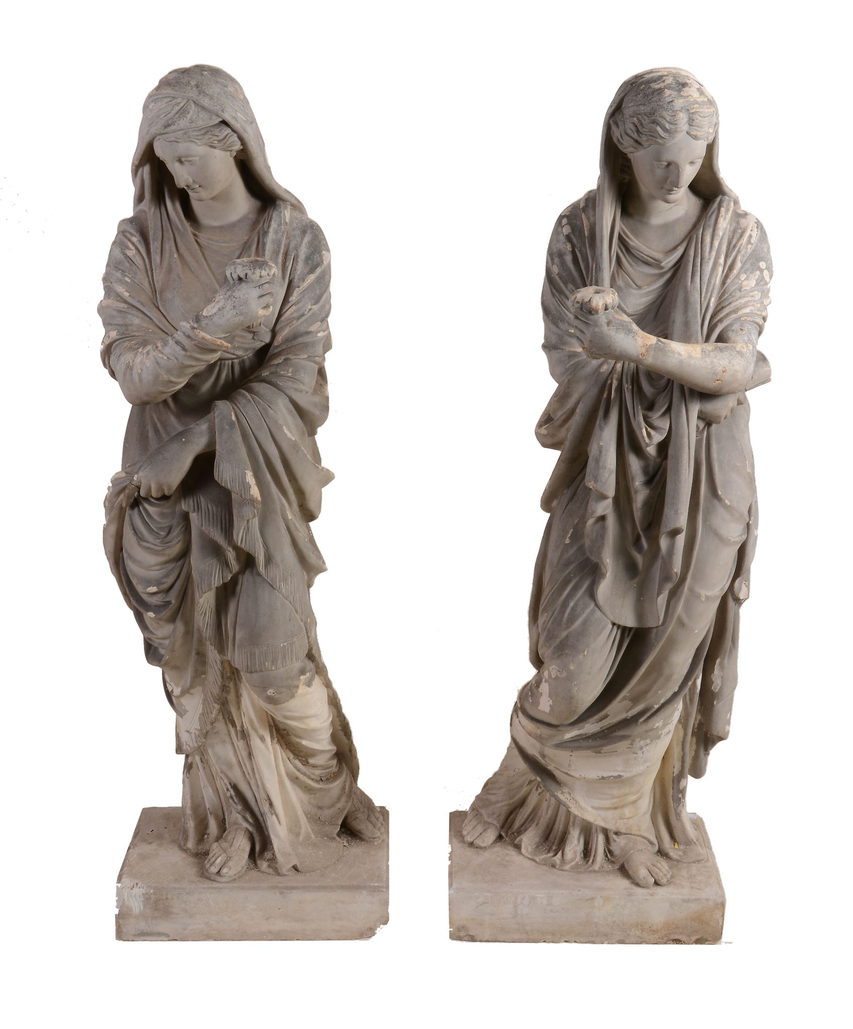 A pair of painted plaster models of standing maidens in Regency style, in the manner of Thomas