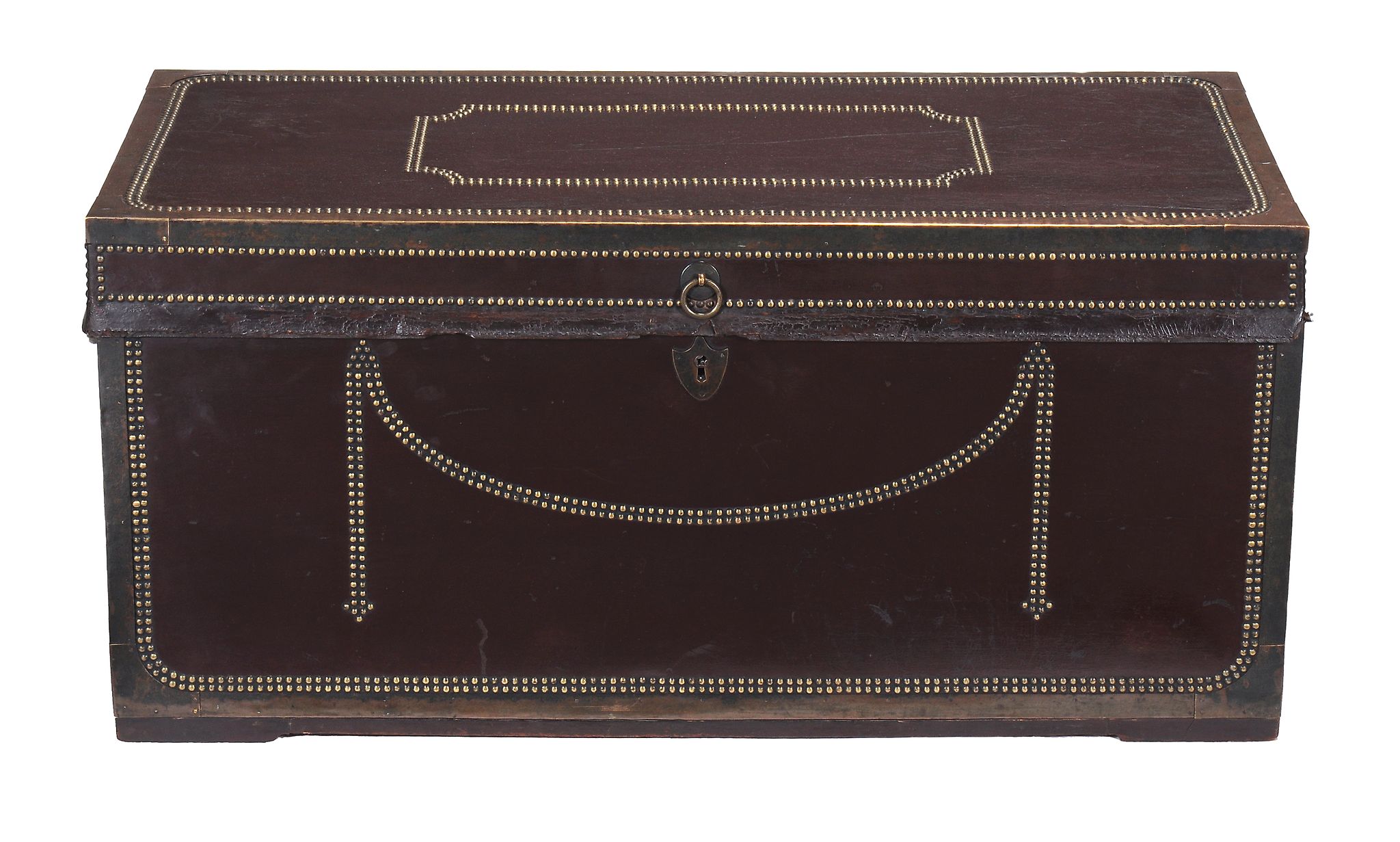 A leather and brass bound camphorwood trunk  , first quarter 19th century, with all over decorative