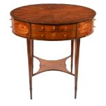 A George III satinwood and ebony strung oval centre table,   circa 1800,  the sunburst veneered top