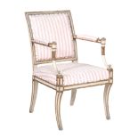 A George III cream painted and parcel gilt armchair,   circa 1800, the moulded rectangular padded
