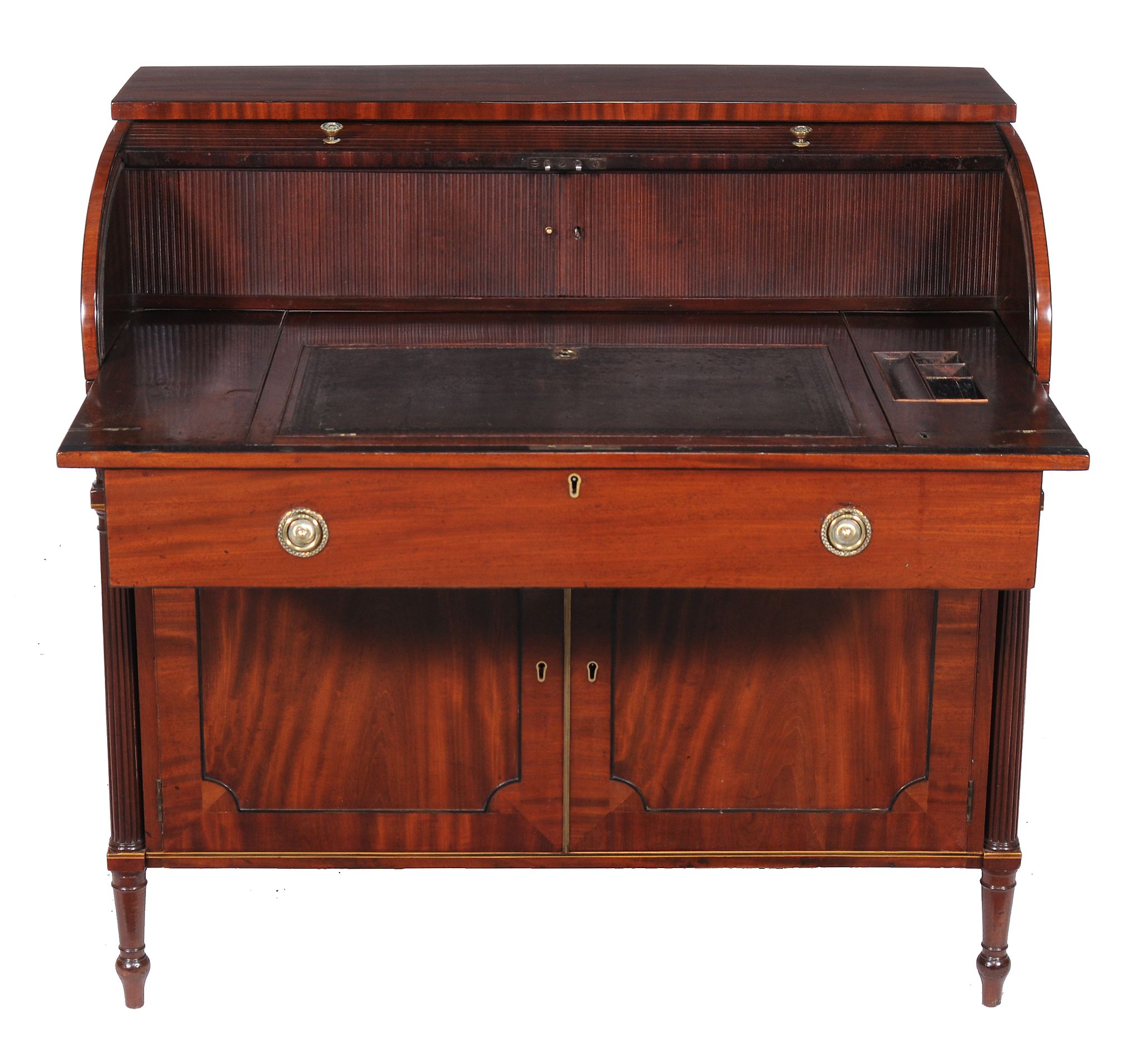 A George III mahogany tambour desk  , circa 1790, the tambour fall opening to a pair of tambour - Image 5 of 6