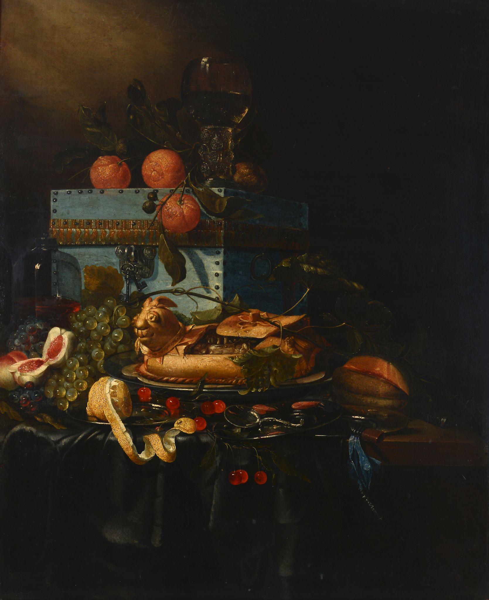 Follower of Pieter de Ring (1615-1660) - Grapes, peaches, cherries and other fruit, with a chest and