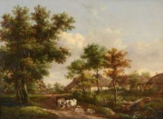 Charles Towne (1763-1840) - Cattle drover in a pastoral landscape with thatched cottages beyond