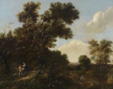 Follower of Jan Looten (1618-1681) - A wooded landscape with travellers on a path Oil on canvas 84 x