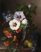 Julie Guyot (fl. 1800s) - Nasturtium in a glass vase with grapes and greengages on a stone ledge;