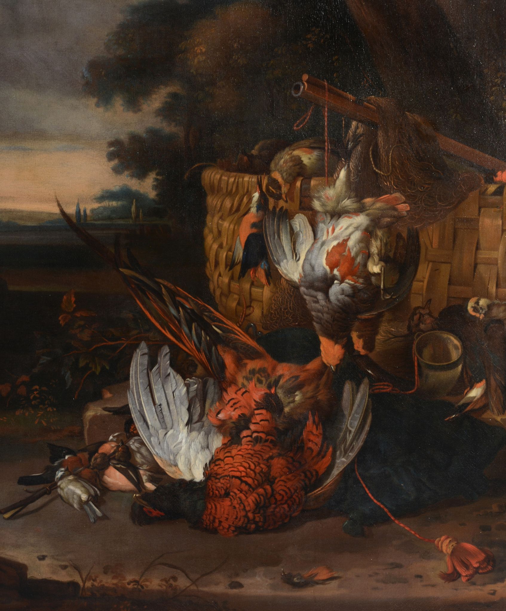 Circle of Jan Weenix (1640-1719) - Still life of a pheasant, other game birds, a rifle and a horn in - Image 2 of 4