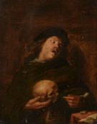 Follower of Joos van Craesbeeck (1605-1661) - Portrait of a gentleman holding a skull and pipe Oil
