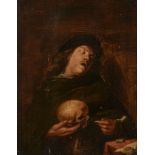 Follower of Joos van Craesbeeck (1605-1661) - Portrait of a gentleman holding a skull and pipe Oil
