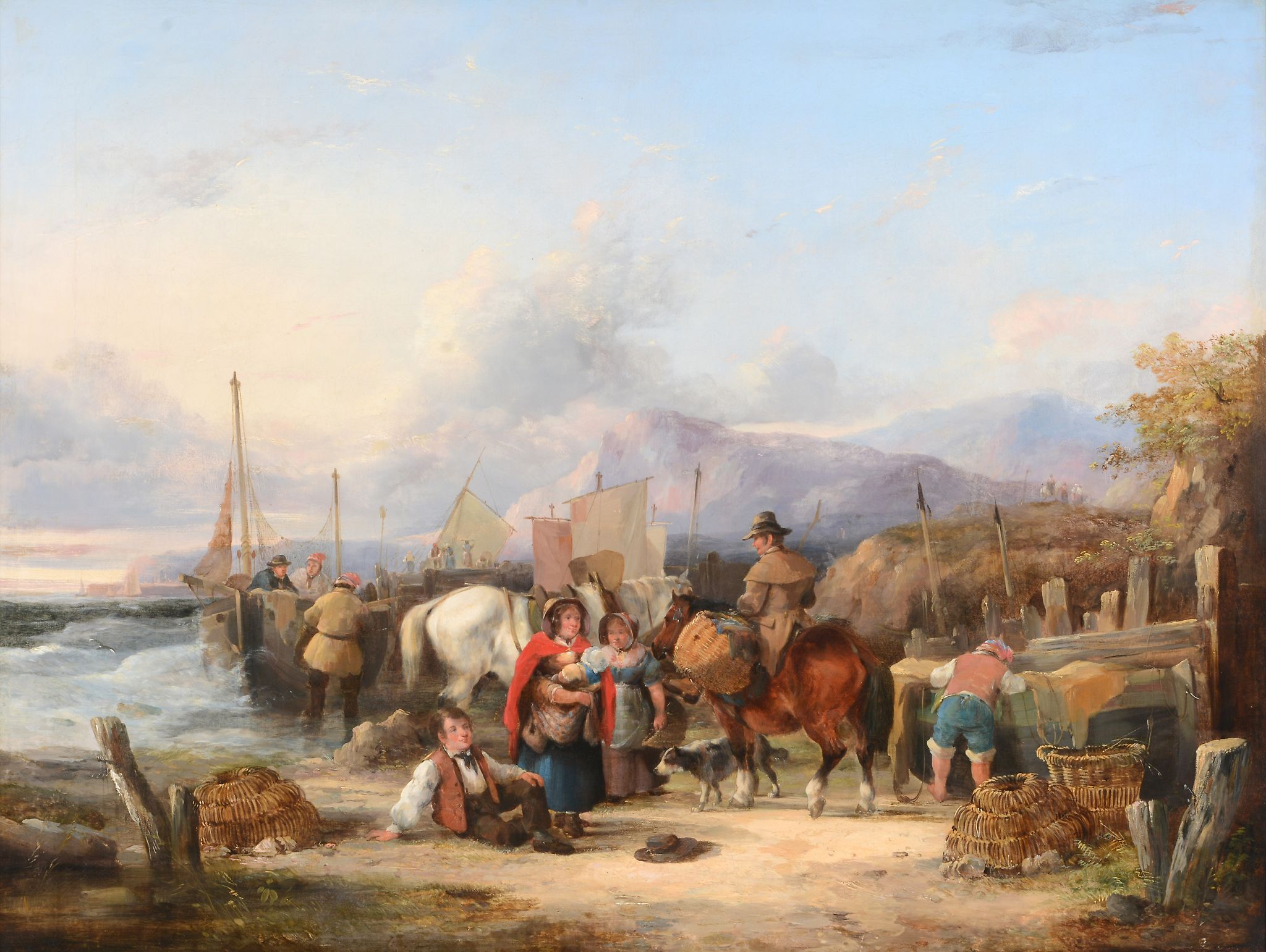 William Shayer (1787-1879) - Bringing in the day's catch; Fisher-folk on the coast A pair, oil on