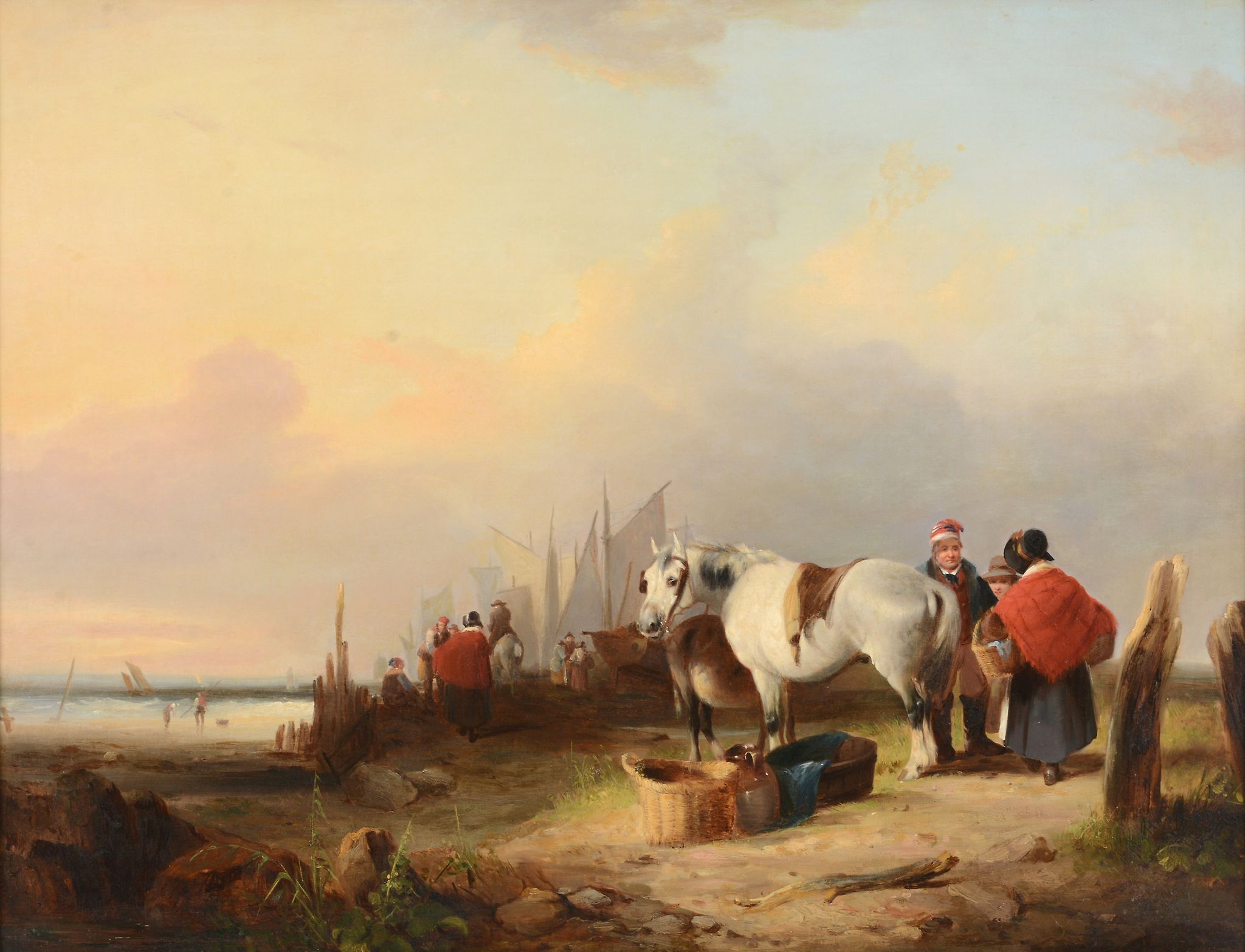 William Shayer (1787-1879) - Bringing in the day's catch; Fisher-folk on the coast A pair, oil on - Image 6 of 6