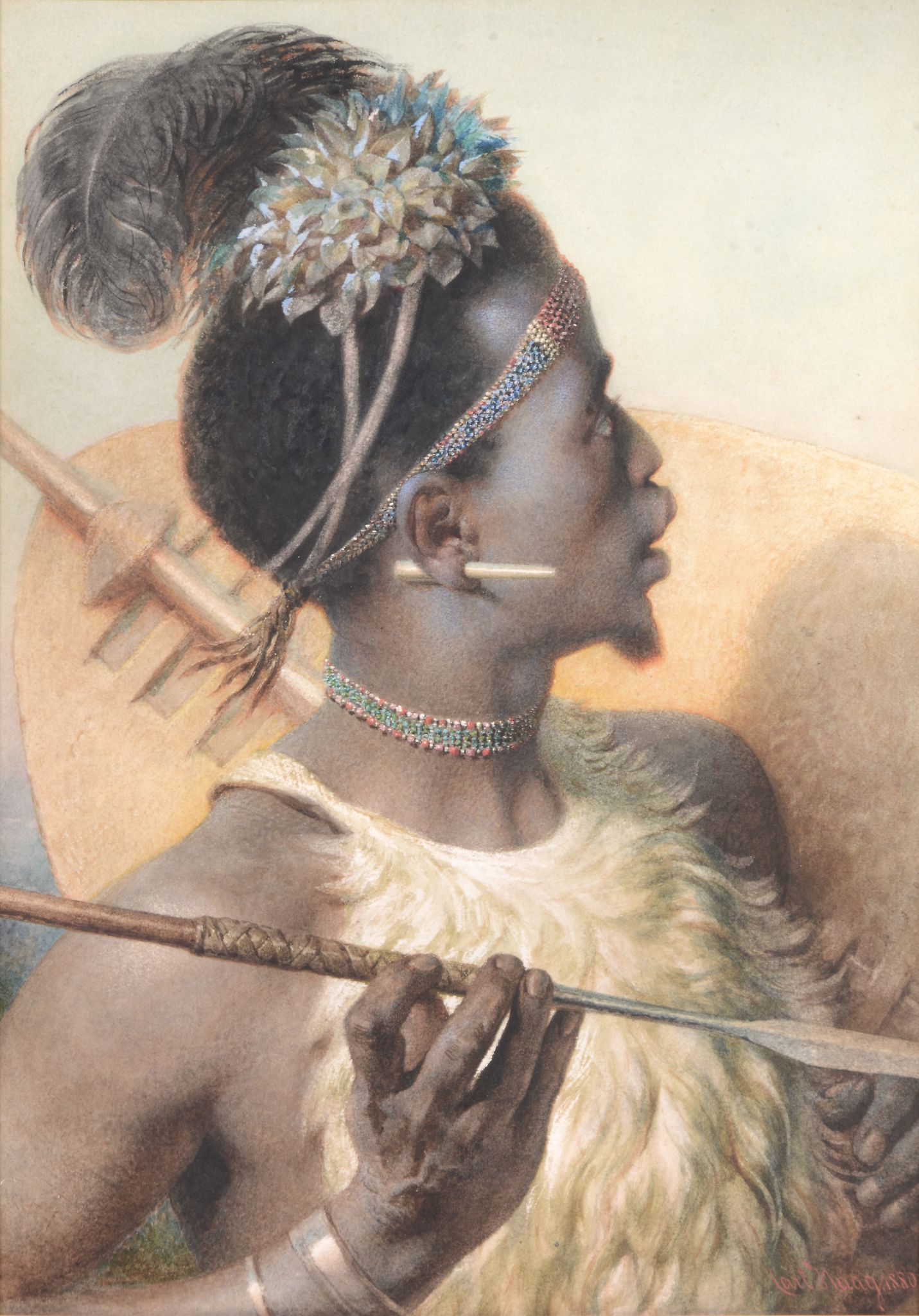 Carl Haag (1820-1915) - The Assegai thrower Watercolour, heightened with bodycolour and scratching-