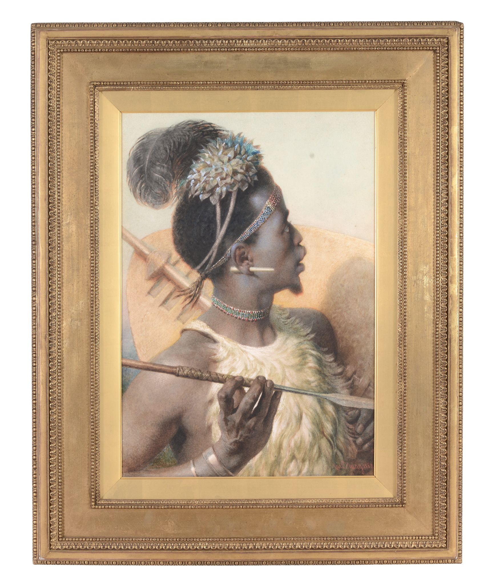 Carl Haag (1820-1915) - The Assegai thrower Watercolour, heightened with bodycolour and scratching- - Image 5 of 5