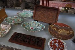 A small collection of Oriental porcelain, an enamel tray, a lacquered tray and other items