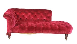 A late Victorian button upholstered and walnut framed chaise longue, circa 1900, by Geo.