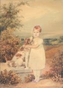 English School (19th Century) Portrait of a young girl with a dog in an open landscape Watercolour
