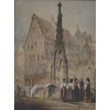 Continental School (19th Century) Monumental fountain with figures Watercolour Unsigned 26.5cm x