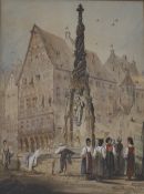 Continental School (19th Century) Monumental fountain with figures Watercolour Unsigned 26.5cm x