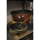 A Victorian copper log basket, a pair of painted bellows, brass coal bucket and fire iron and tongs